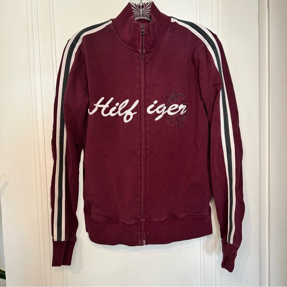 Tommy Hilfiger vintage Maroon Zip-Front Track Jacket with Stripe Sleeves